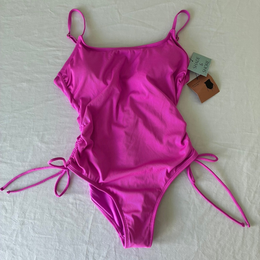Shade & Shore Ribbed Cinch Side One Piece Swimsuit Bright Pink Medium 8-10 NWT